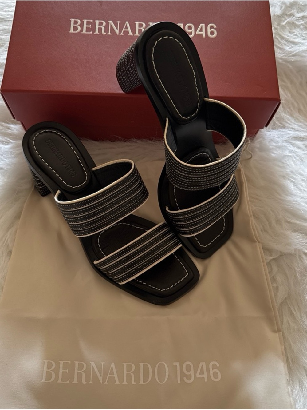 Bernardo Black Striped Dual-Strap Block Heel Sandals
